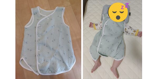 アカチャンホンポのリトルクッカ プレミアムフィットスリーパーの画像。右は生後6か月頃に着用して寝ている写真。