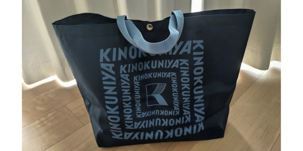 紀伊国屋のエコバッグ「カラーエコロジーバッグL」に荷物を入れた状態（外観）の写真。