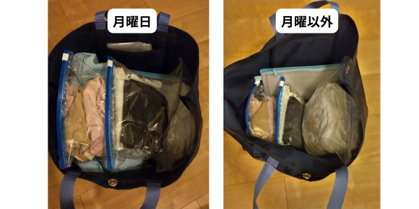 保育園バッグの中身の写真が二つ並んでいる。左は荷物の多いで月曜日、右は月曜以外の荷物。着替え、オムツ、ゴミ袋、連絡帳が主に入っている。